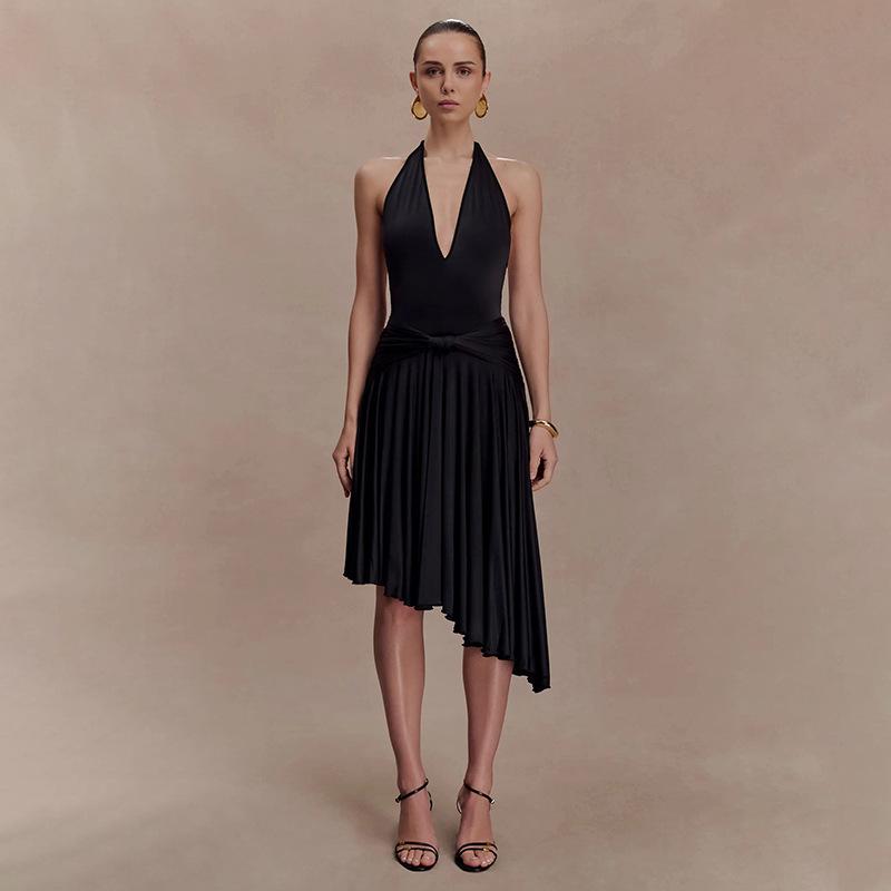 C26DS040 Modern Women s Spring/Summer Halter Tie Waist Irregular Hem Dress M