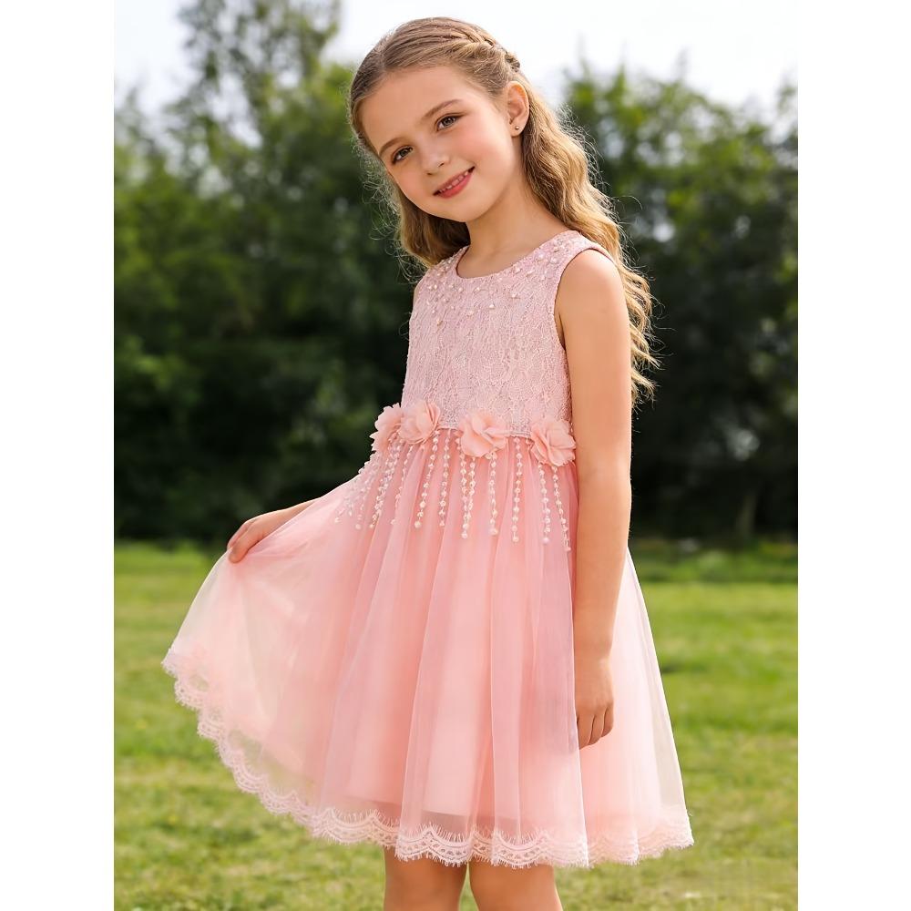 Girls' White Lace Mesh Princess Dress Sleeveless Round Neck Beaded Flower Girl Skirt Children's Wedding Bridesmaid Birthday Party Performance Dress