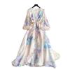 French sweet style print horn sleeve dress women's spring long sleeves waist thin A-shaped long dress commuting elegance