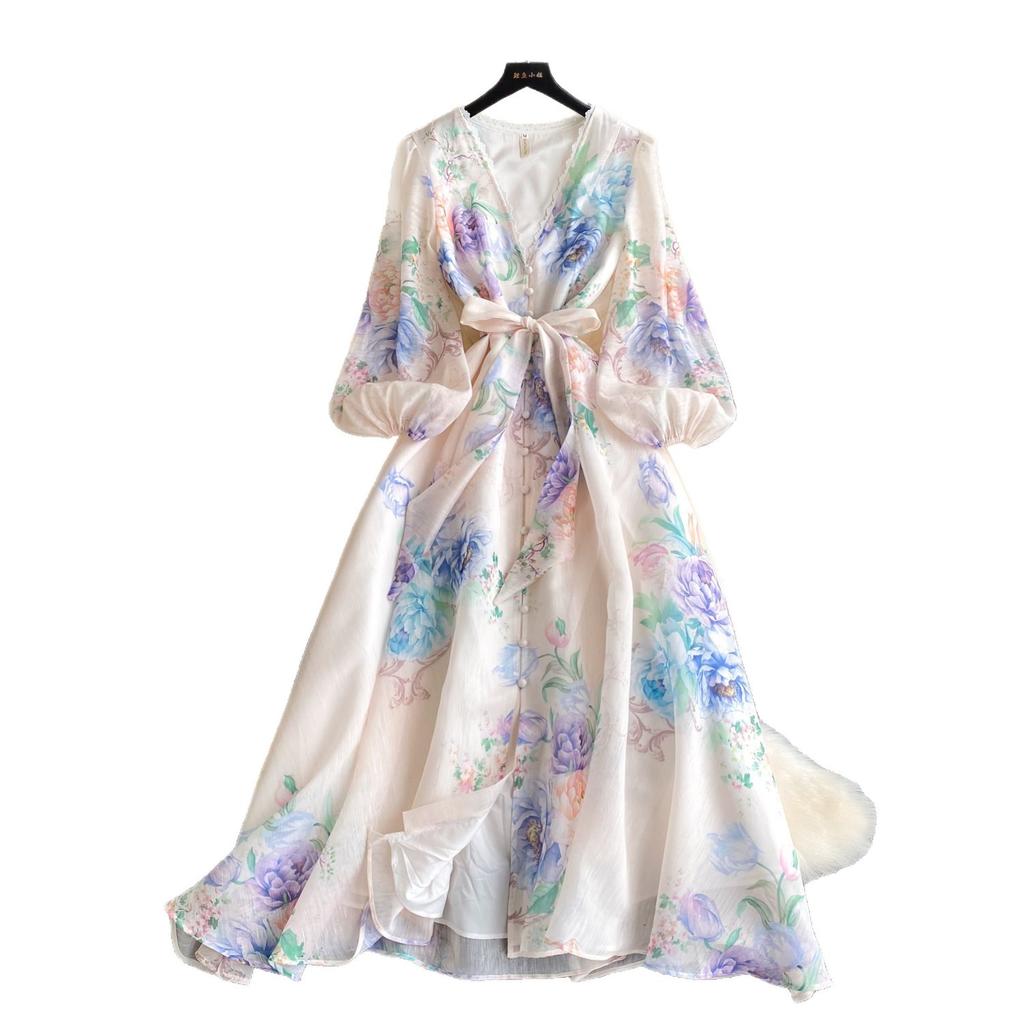 French sweet style print horn sleeve dress women's spring long sleeves waist thin A-shaped long dress commuting elegance