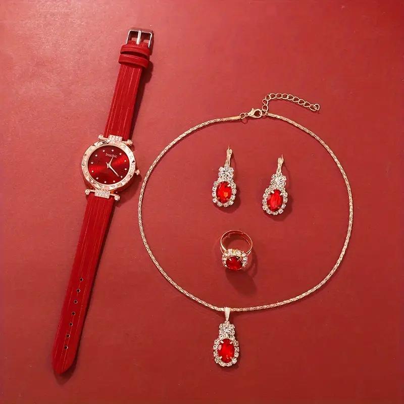Elegant Women's 5-Piece Watch & Jewelry Gift Set: Quartz Watch, Necklace, Ring, Earrings