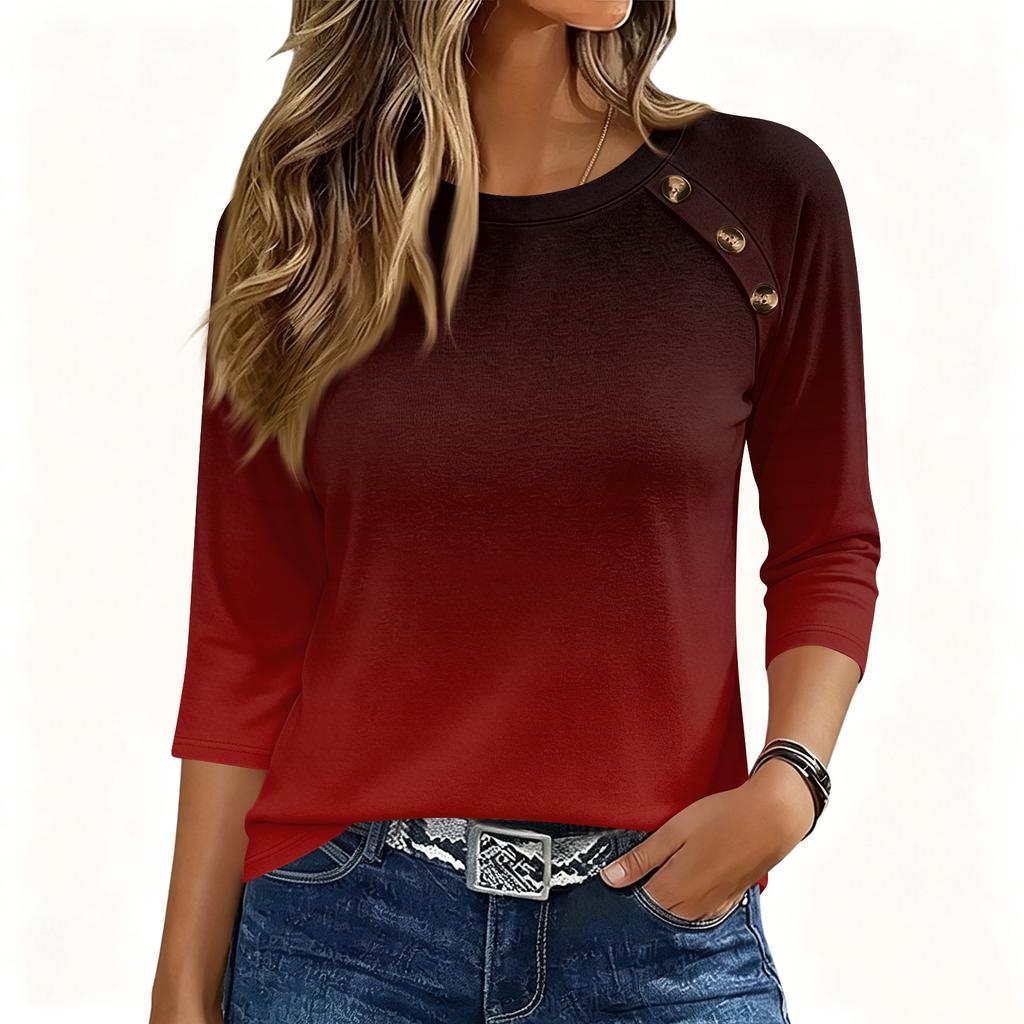 Women's 3/4 Sleeve Crew Neck Button Gradient Print Top Casual Loose Fit Pullover Shirt for Everyday Wear