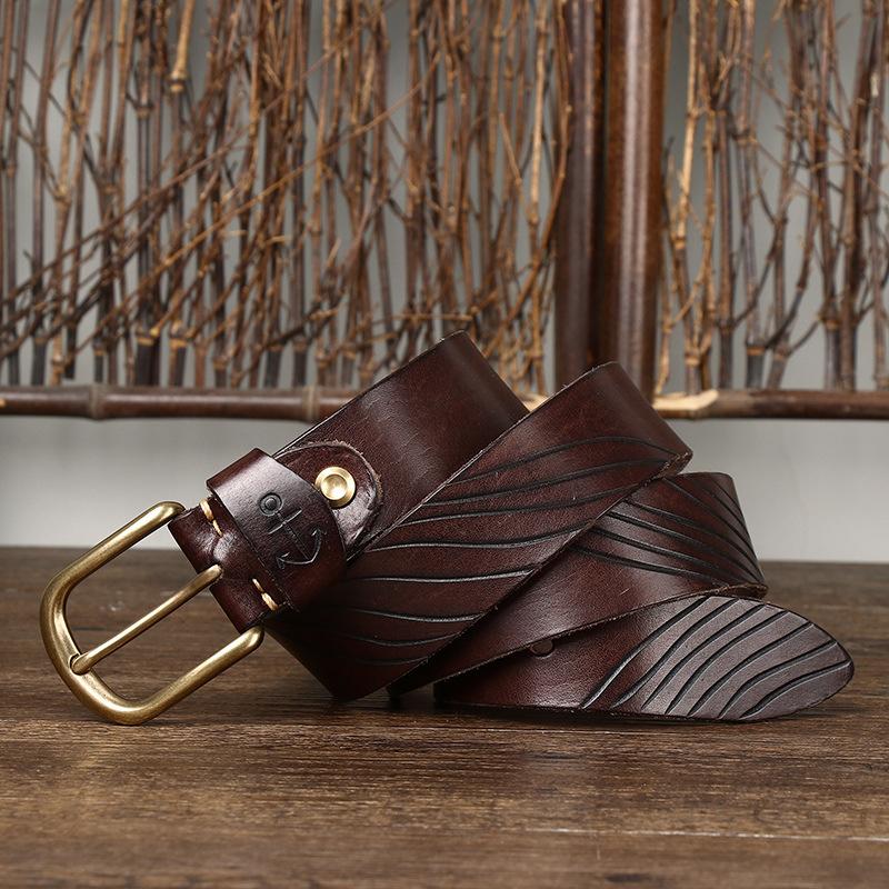 Hand-Carved Trendy Personalized Retro Belt Men'S Genuine Leather Pure Cowhide Casual Versatile Copper Buckle Jeans Belt