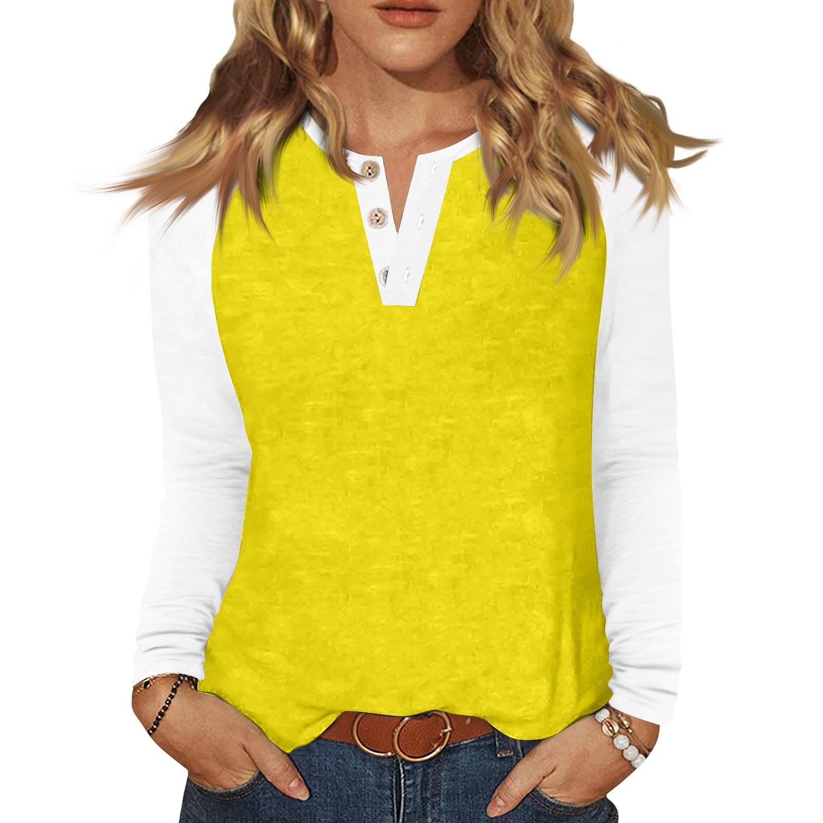 

Женская футболка колор-блок на пуговицах с длинным рукавом, повседневная, для выходных, модная, базовая, с V-образным вырезом, обычная M жёлтый