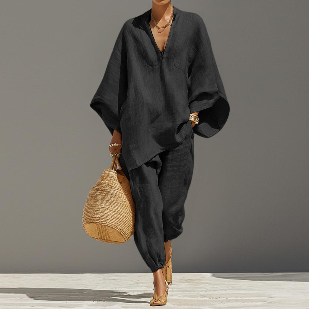 Ladies' Color Casual Lazy Loose Shirt Set