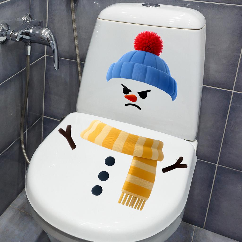 Cartoon Christmas Blue Hat Snowman Toilet Wall Stickers, Bathroom Decorative Wall Stickers