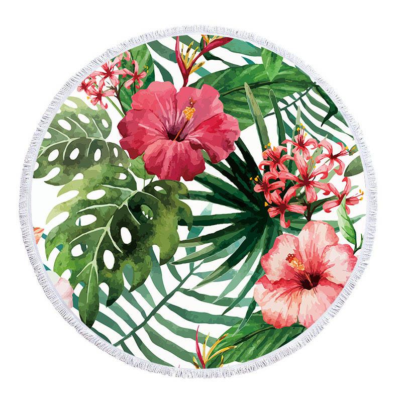 Asciugamano da Spiaggia Rotondo con Foglie Tropicali e Fiori in Microfibra per Soggiorno Decorazioni per la Casa Asciugamani da Bagno Stile Boho