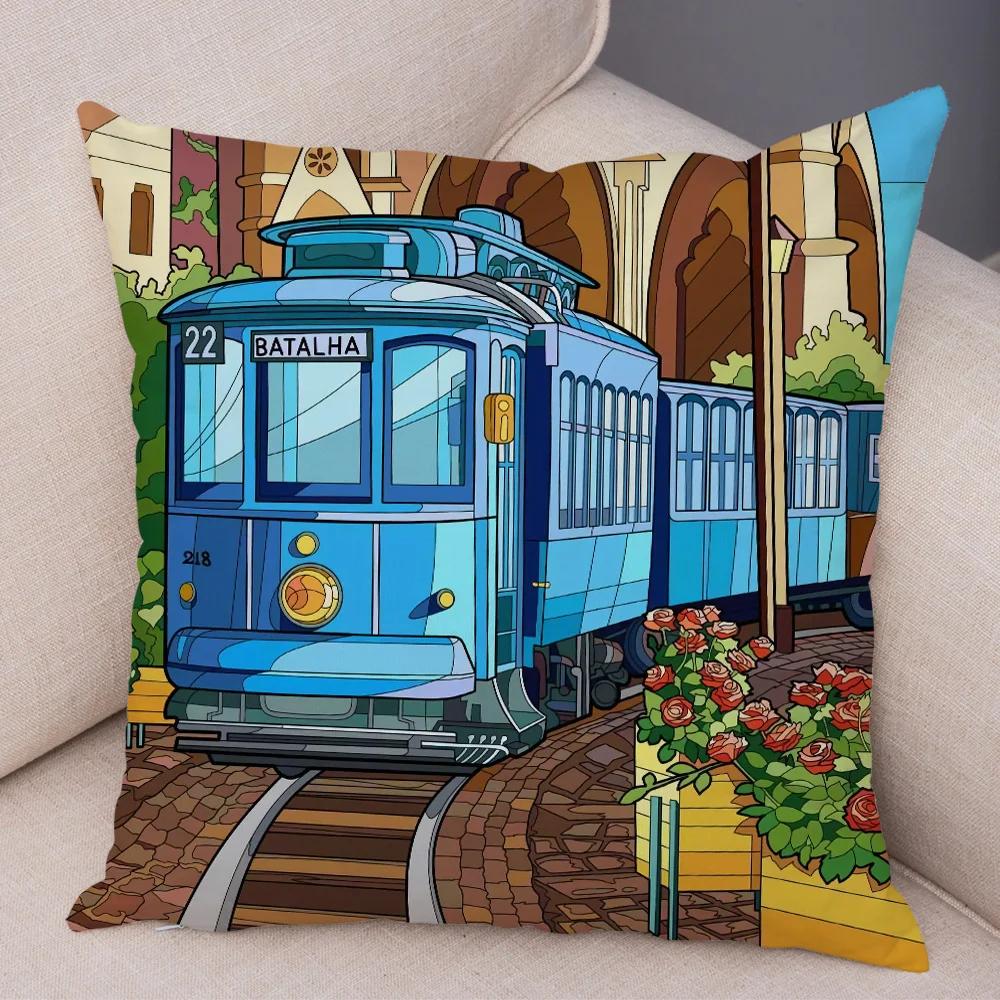 Both Sides Pillow Case Decor Happy Camper Cartoon House Travel Car Cushion Cover for Sofa Home Super Soft Plush Pillowcase