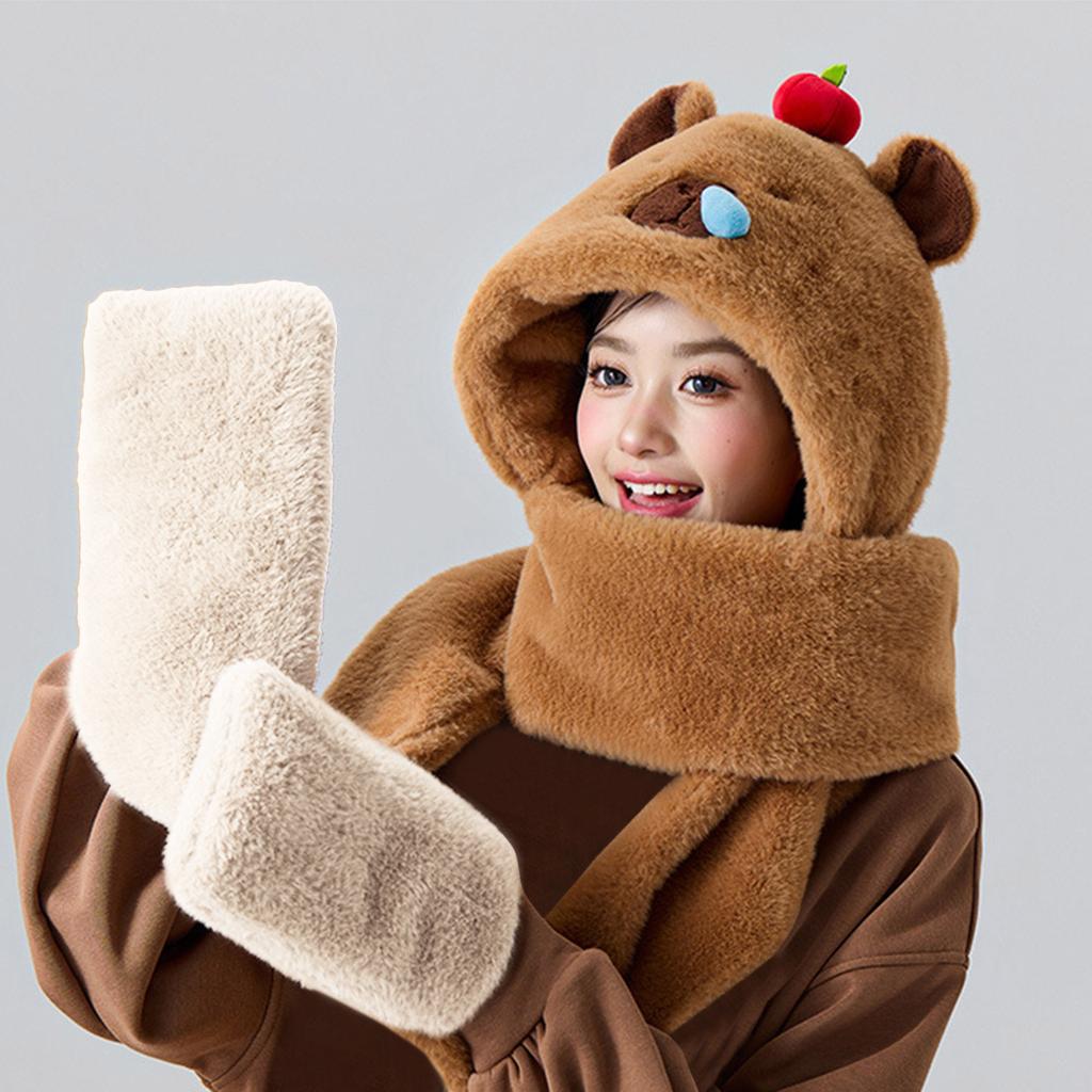 Furry Cartoon Head Cover with Scarf Gloves Set Thicken Furry Hat Oversized Headgear Hat for Winter Commute