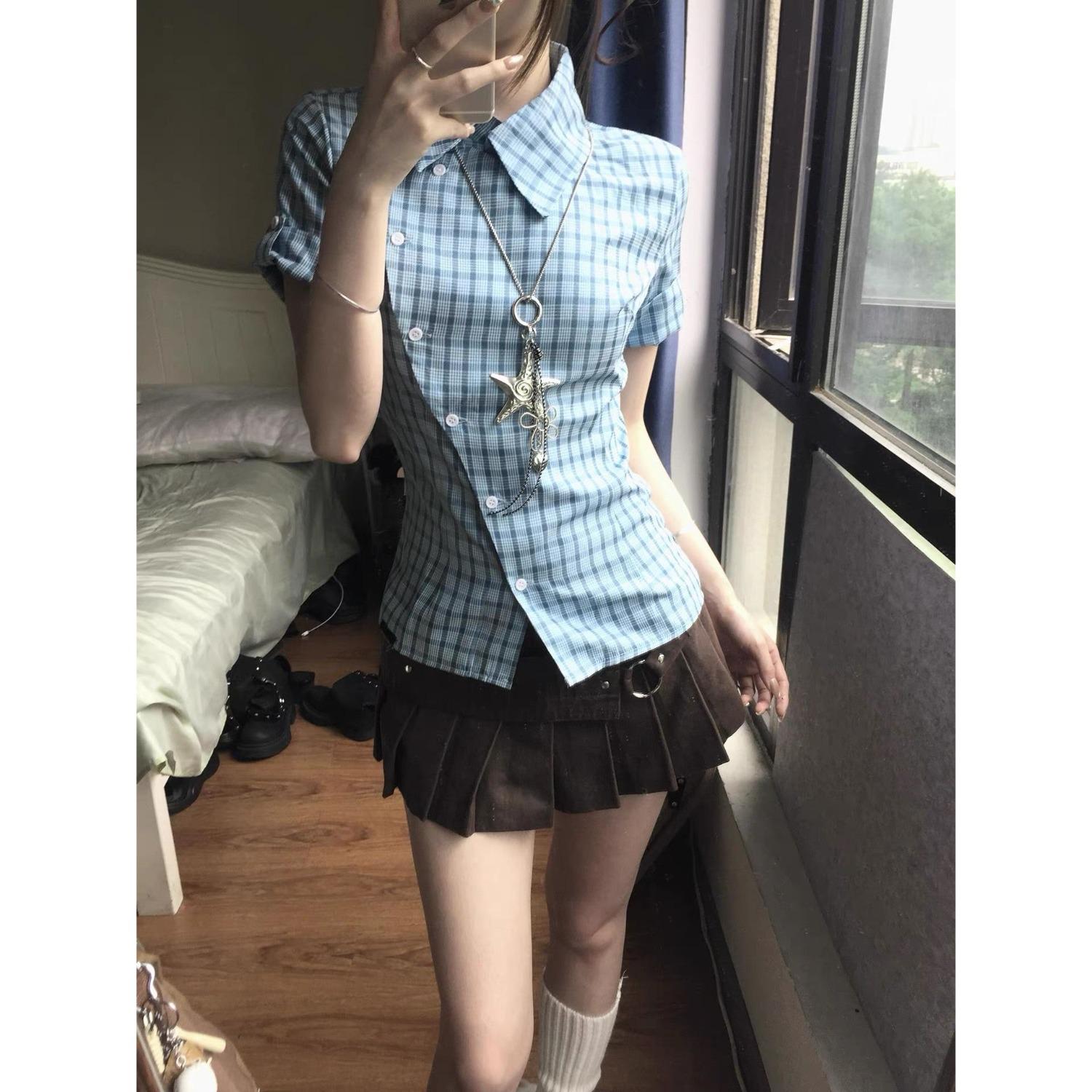 

Women s Blue Plaid Cinched-Waist Short-Sleeve Shirt - Summer New Arrival, Color Block, Trendy Design Large