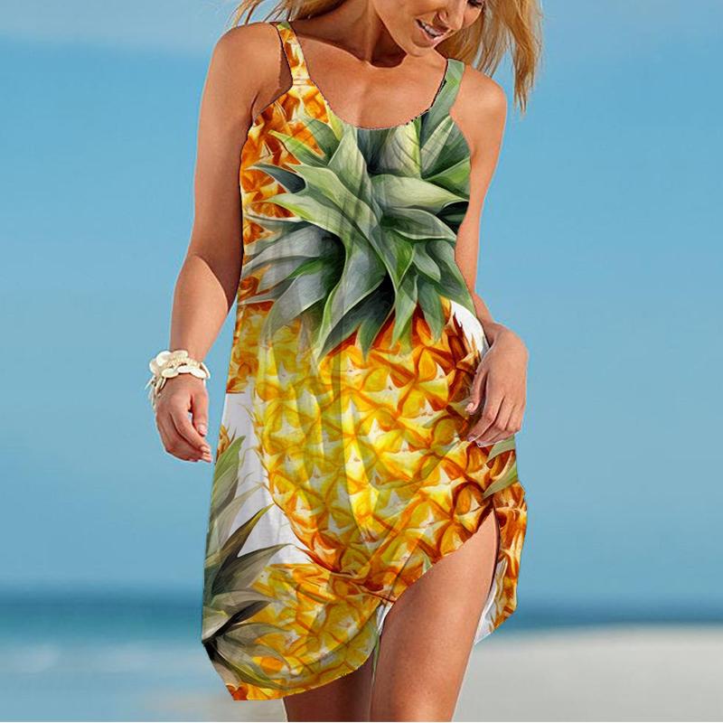 Rochie cu bretele nouă de vară pentru doamne cu imprimeu 3D ananas Rochie camisolă pentru doamne Rochie cu bretele casual la modă pentru doamne