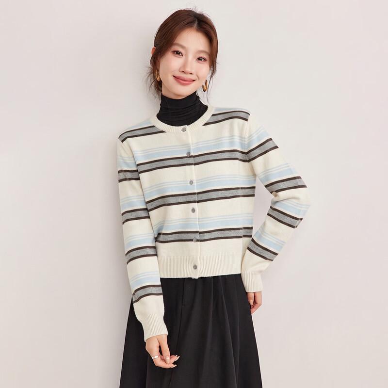 Shexi 100% Wool Striped Crew Neck Knitted Cardigan