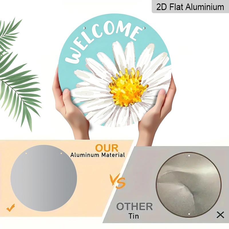 2D Flat Watercolor Daisy Welcome Hanging Sign, Aluminum Decorative Sign and Plaque, Various Sizes. Simple Style, Sea Blue Background, Floral Wall