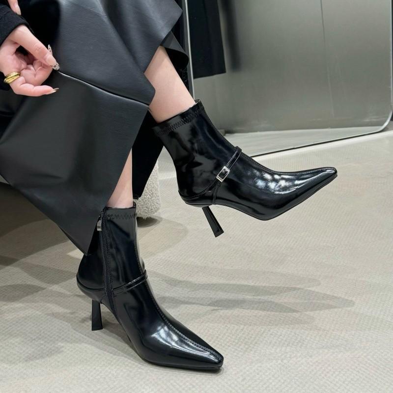 Off-white pointed high-heeled short boots women's 2026 autumn thin-heeled soft leather thin boots