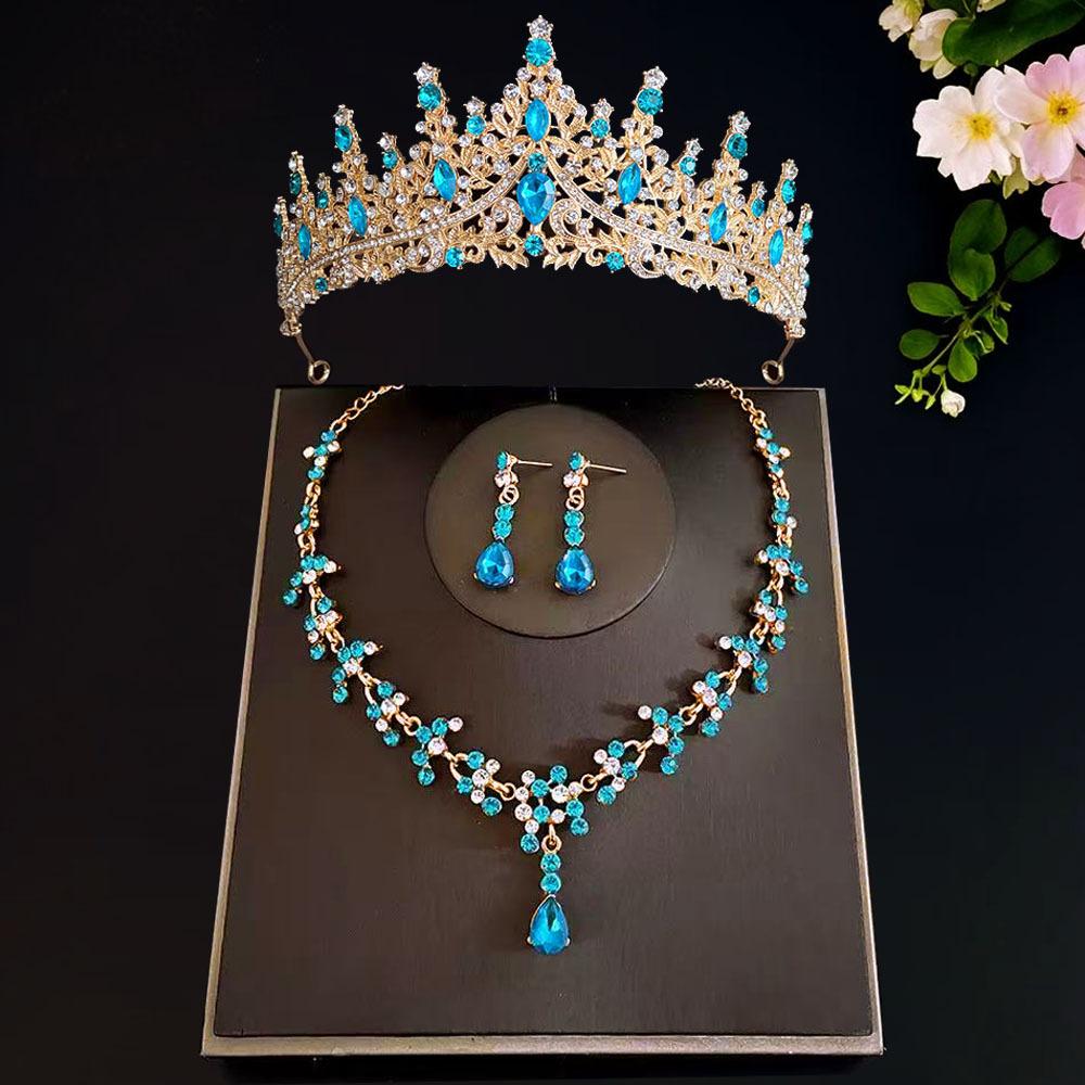 New Bridal Tiara Crown Three Piece Set  Wedding Necklace Earrings Crystal Set  Wedding Accessories