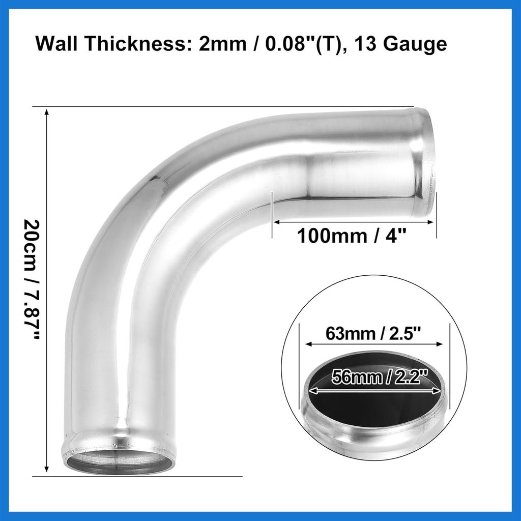 OD 2.5" 63mm Leg Length 4" 100mm Aluminum Alloy Tube Intercooler Pipe 90 Degree Bend Elbow Air Intake Tube Silver Tone for Car Auto Accessories
