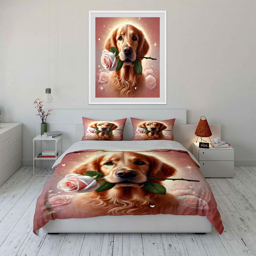 Golden Retriever with Rose Bedding Duvet Cover Set (1*Duvet Cover 2*Pillowcases, without duvet insert)