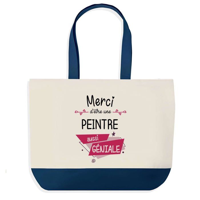 Sac cabas - PLANETEE - Merci Peintre Géniale - fond bleu - Coton 40 x 45 cm - Grand format