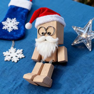 Christmas Shaking Wooden Man Figurine with Santa Hat And Beard Handmade Shaking Feet Wooden Doll with Magnetic Expressions for Car Dashboard