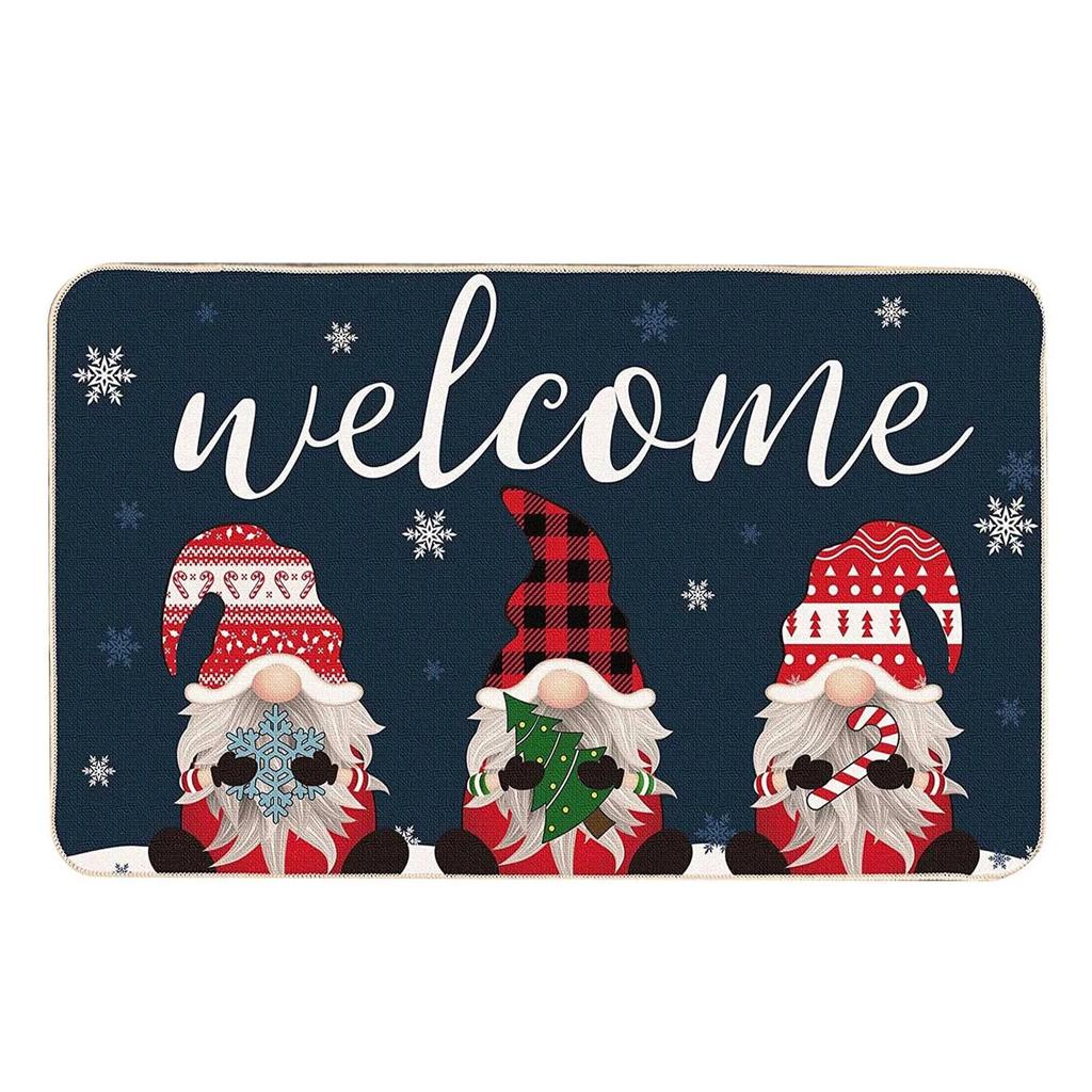 VIKAMA Blue Christmas Dwarf Crystal Velvet Carpet Entrance Welcome Mat Living Room Bedroom Kitchen Winter Home Decor Mat