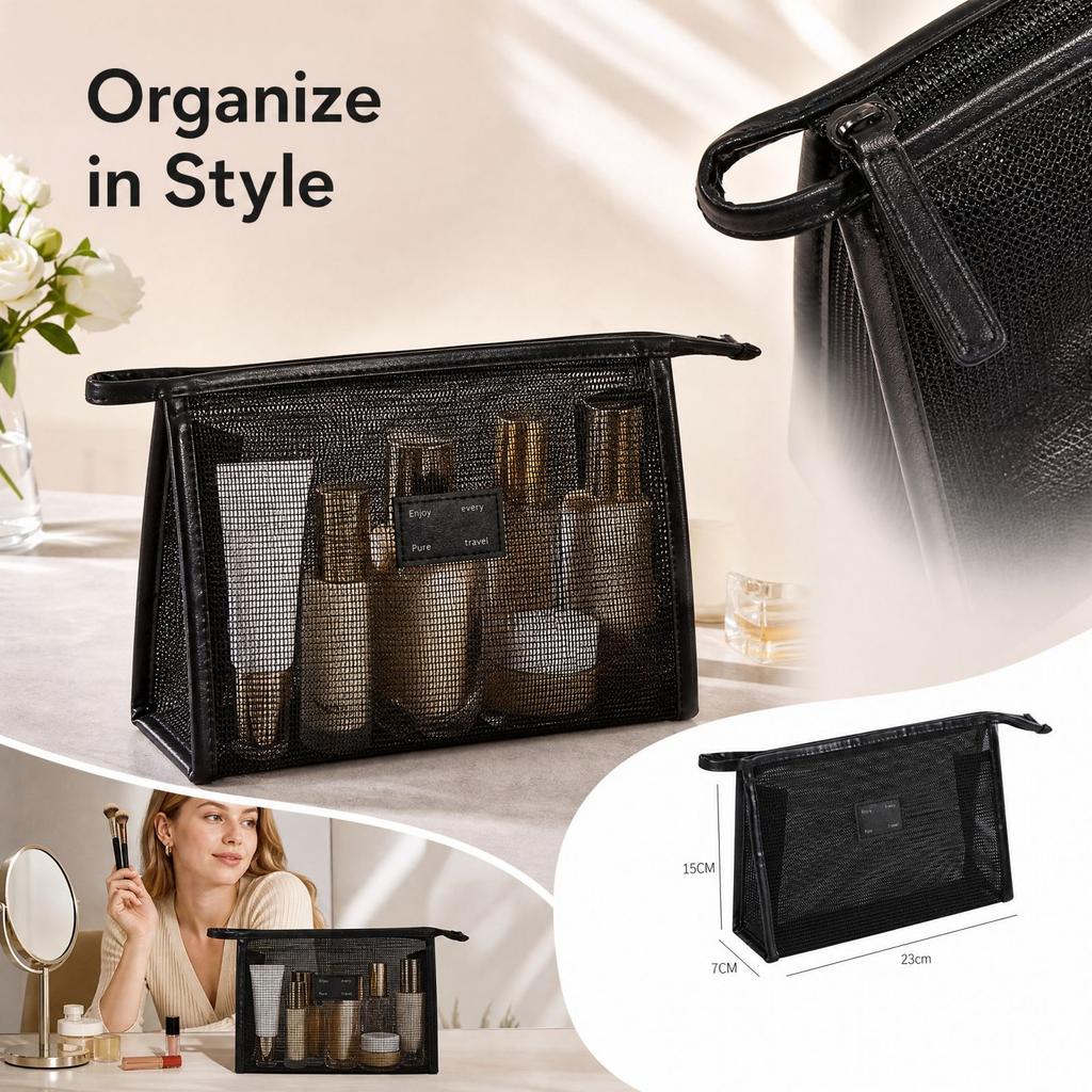 Triangular Mesh Clear Cosmetic Bag with Zipper, Portable Makeup Pouch for Travel and Daily Use
