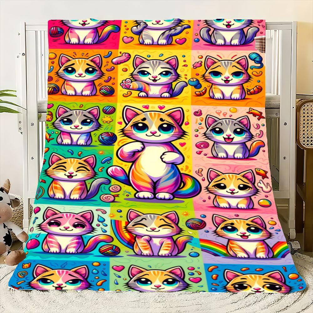Vibrant Cartoon Cat Throw Blanket - Colorful 5x3 Grid of Cute Cat Designs with Expressive Faces, Whimsical Elements Like Hearts