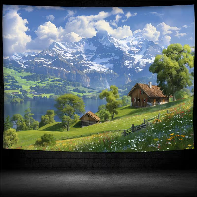 2D Swiss Countryside Tapestry, Snow-Capped Mountain & Lake View Wall Hanging for Home Decor