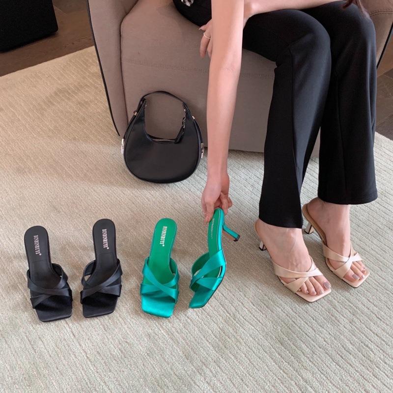 7 Cm French Niche Thin Heel Sandals Women's Versatile Temperament Square Head No Toes High Heel Cool Slippers Women's Summer Wear