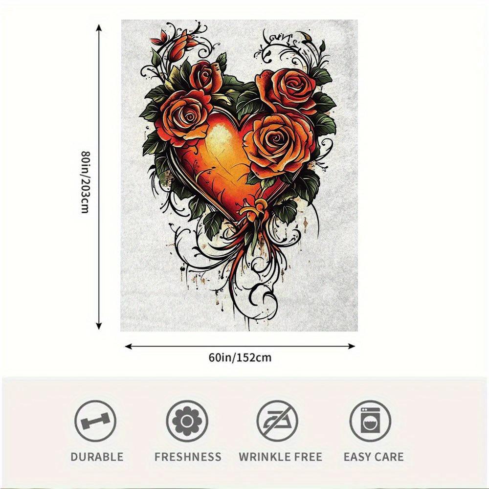 1pc Vintage Heart & Rose Tattoo Design Soft Warm Blanket, 60x80 Inch, All-Season Multi-Purpose Cozy Throw for Dorm, Camping