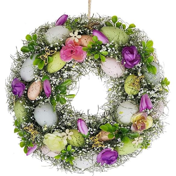 DearSun 11.2" Spring Wreath Easter Wreath with Flowers, Eggs, Green Leaves and Twine, Hanging on Home Indoor Outdoor Front Door Wall