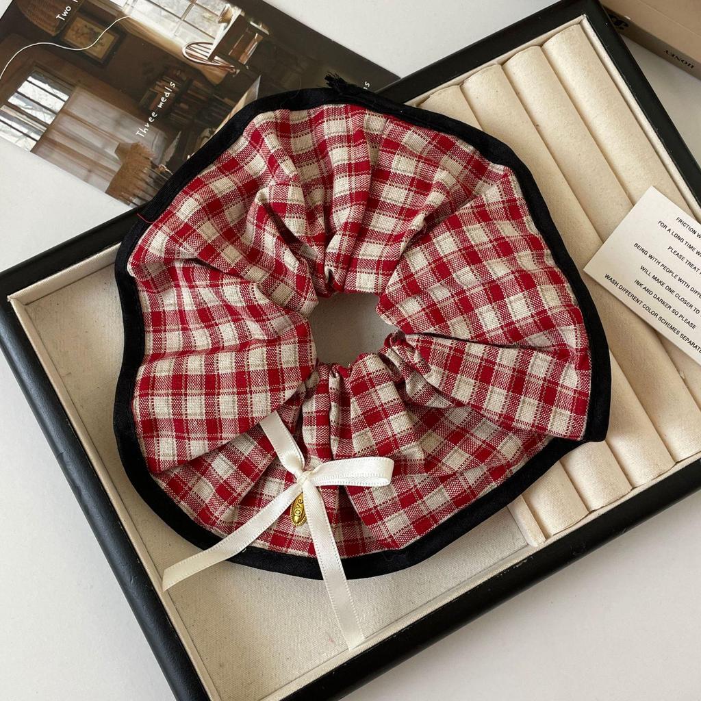 Elegant French Plaid Lace Bow Hair Scarf with Elastic Band