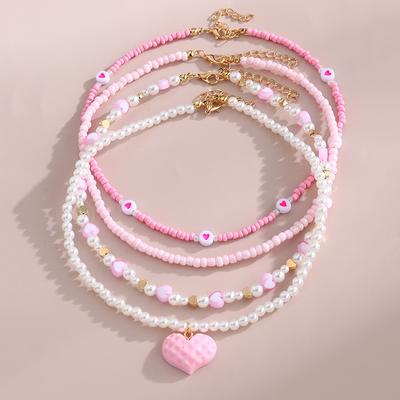 New Zircon Pink Love Butterfly Pendant Imitation Zircon Rice Beads Handmade Beaded Children Necklace Suit Good Friend Gift