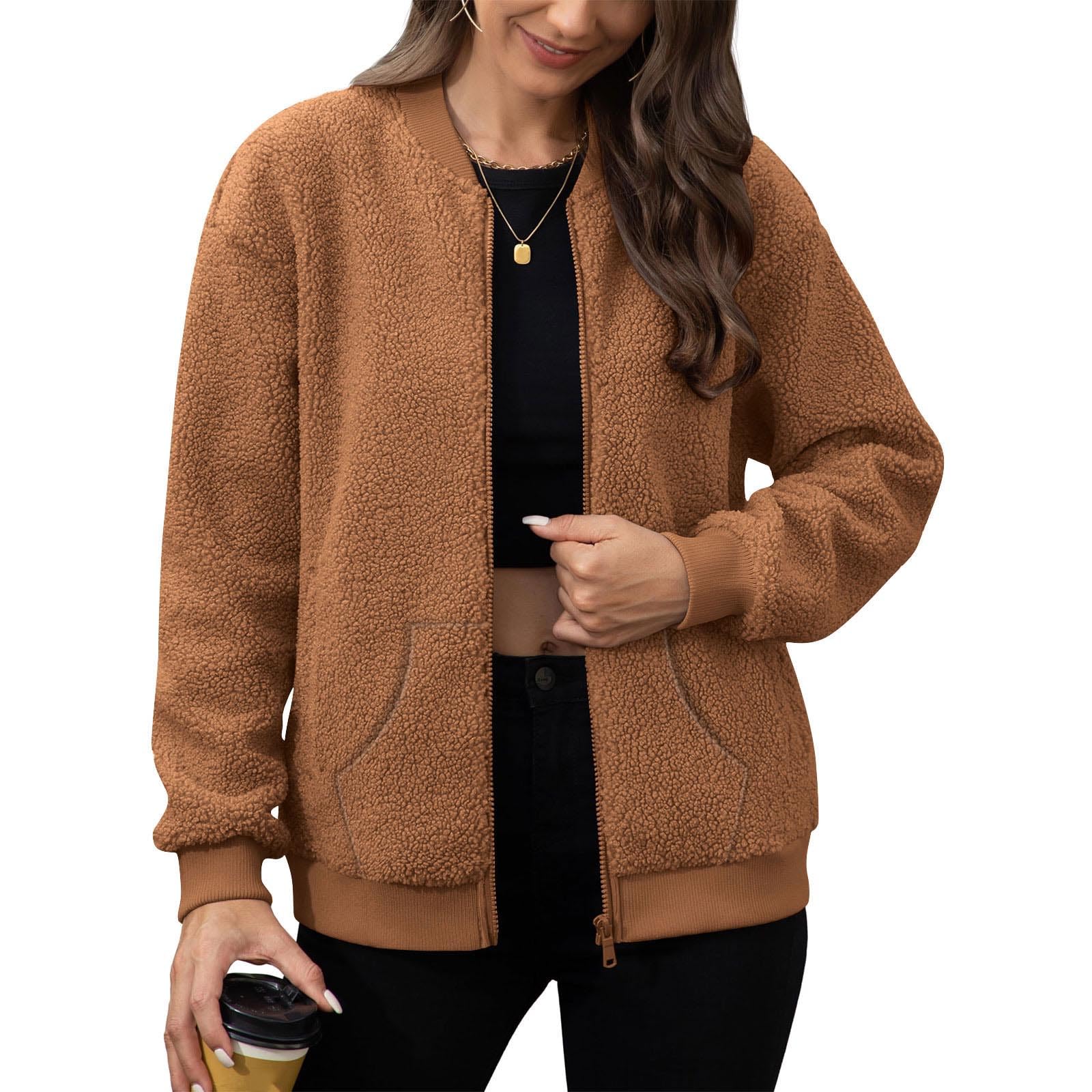 

Women s Fashionable Solid Color Long Sleeved Zipper Jacket, Baseball Stand Up Collar Pocket Casual Jacket L коричневий