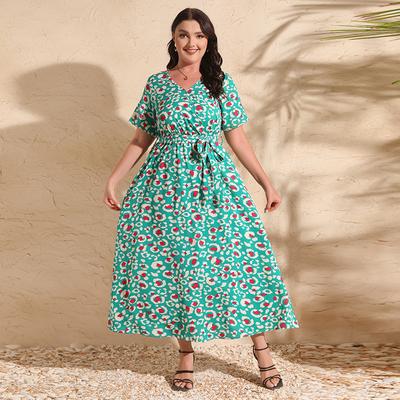 V-Neck Tie Up Dress Short Sleeve High Waist Dress for Women Summer Polka Dot Dress Plus Size Dress Loose Casual Versatile Oversized Commuter Dress