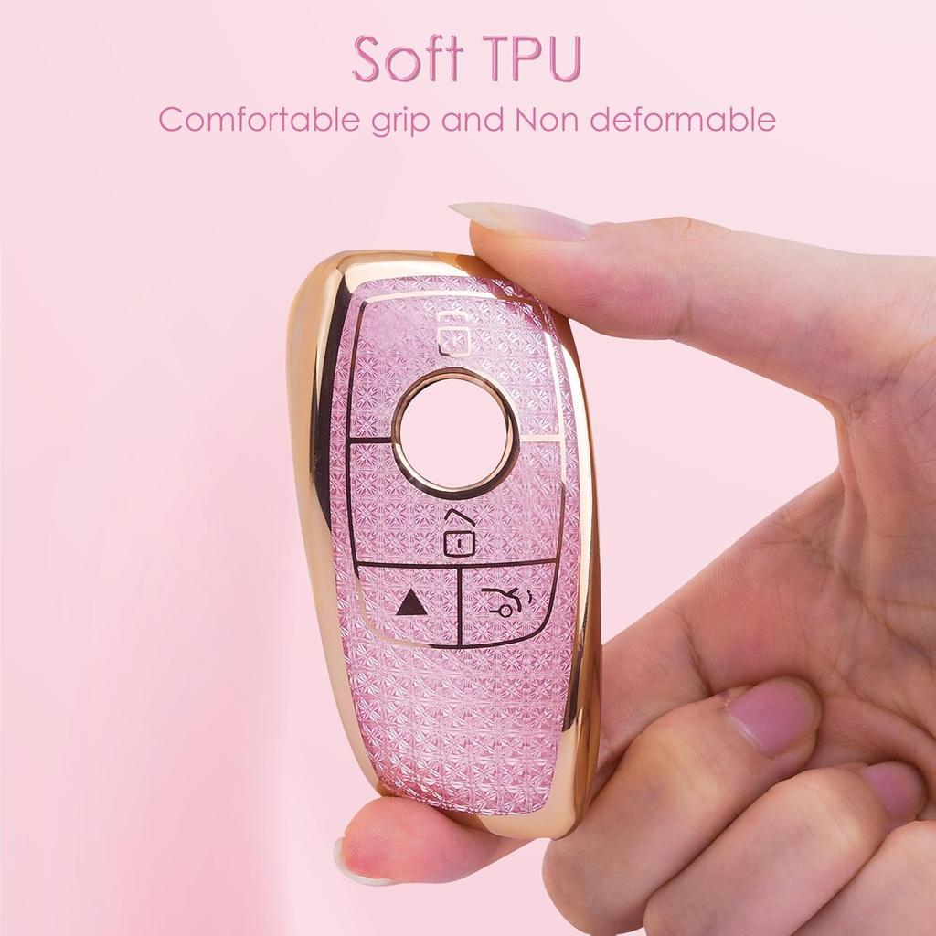 For Mercedes Benz Key Fob Cover with Diamond Bling Keychain, Car Accessories Key Shell Full Protection for - A-Class C-Class G-Class 2017- E-Class