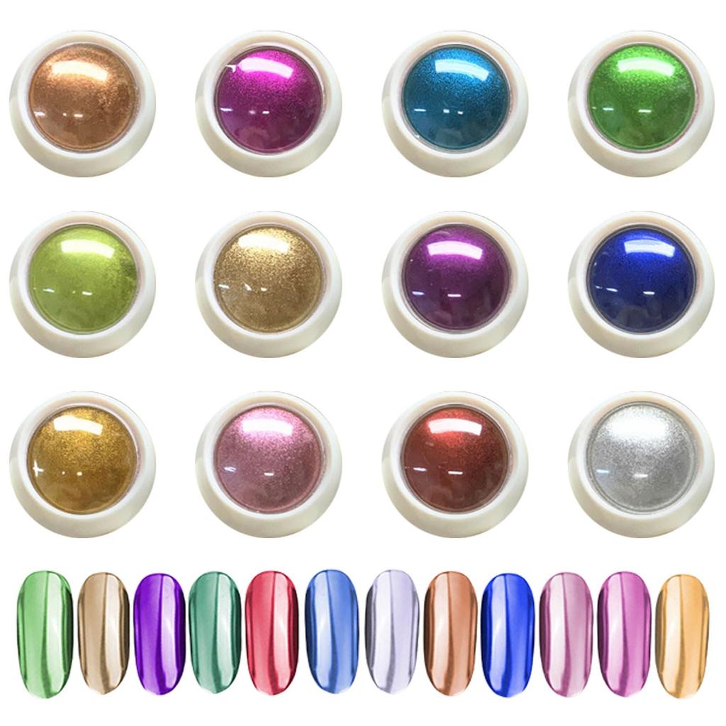 12-Piece Set of Mirror Nail Powder, Aurora, Gold, Silver, Pink, Blue, Purple, Metallic Powder for Gel Nails and Resin