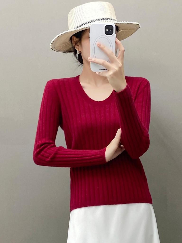 Autumn & Winter European Soft Cashmere U-neck Women's Sweater with Vertical Stripes