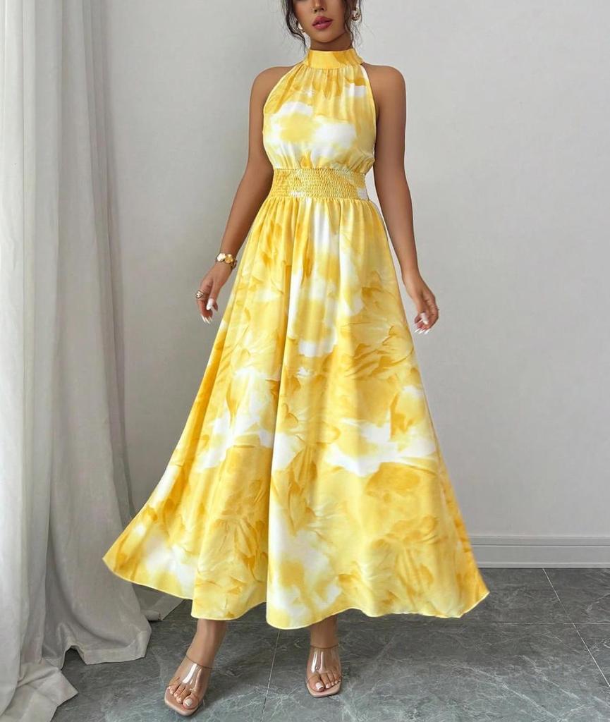 Women's Halter Neck Ruched Waist Sleeveless Ruffle Dress for Summer 2026