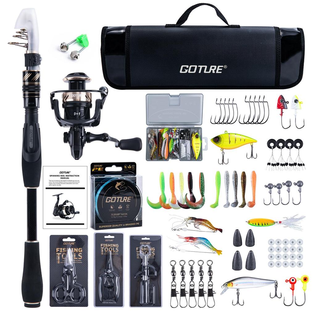 Goture Black and Gold Telescopic Single Fishing Rod Reel Telescopic Rod with Spinning 600D PVC Carrier Travel Fishing Rod Combo Starter Kit 1.8M +