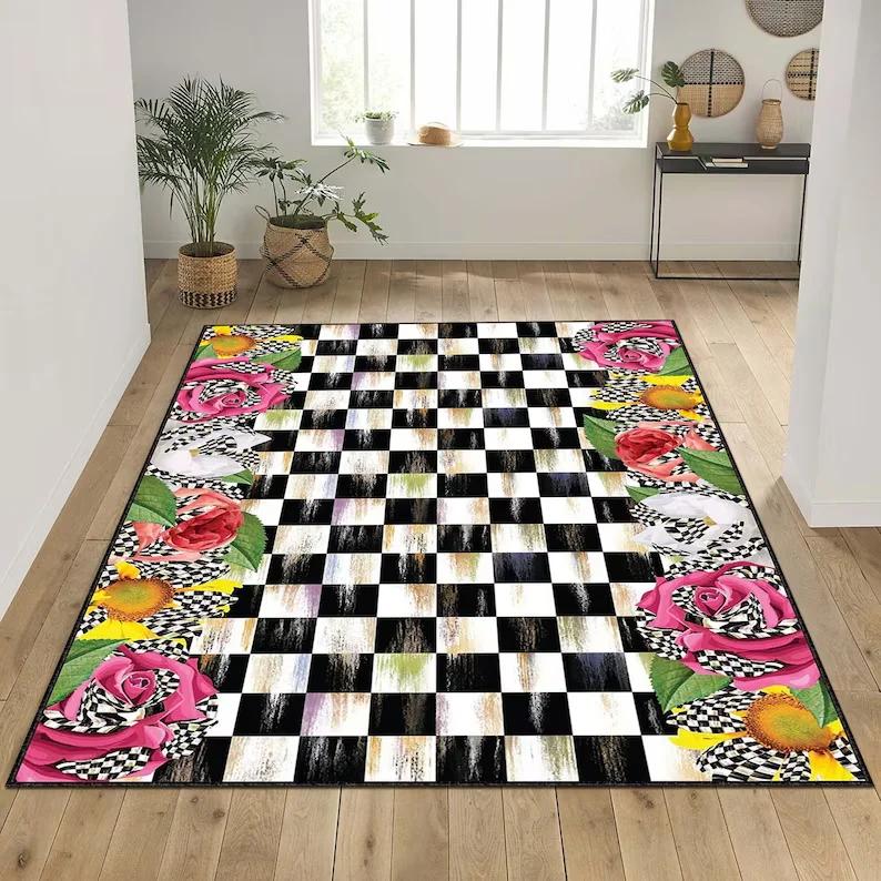 Printed Chick White Black Checkered Area or Runner Rug Elegant Machine Checkerboard Pattern Printed Carpet Modern Home Gift