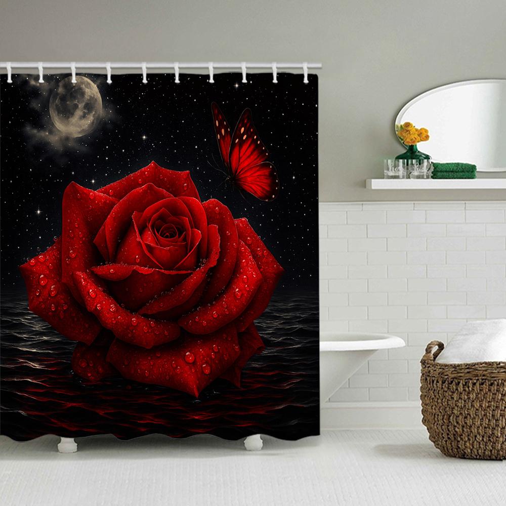 1/4 Rose Print Shower Curtains, Toilet Seat Decoration, Shower Curtain With Carpet And Toilet Lid, 70.8X70.8 Inch