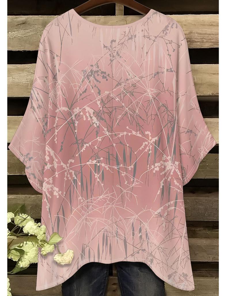 Abstract pattern women's large-size short-sleeved T-shirt, irregular hem design, digital printing