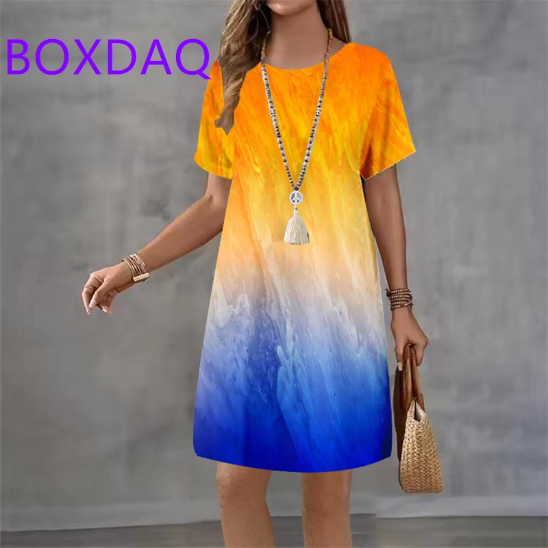 Vintage 3D Gradient Print Pattern Women Dress Summer New Elegant Casual Short Sleeve Mini Dress XXS-3XL Loose Women A-Line Dress