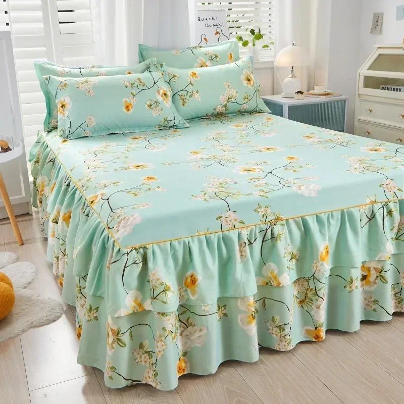 1PC Bed Skirt Cartoon Style Bed Cover Ruffled Bedsheet Falda De Cama Quilted Mattress Covers Lace Bedspread (No Pillowcase)