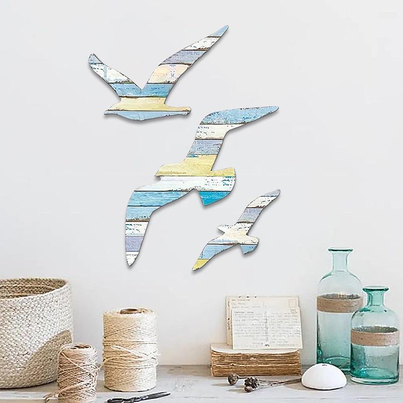 3-Piece Set Wooden Seagull Wall Decorations Nautical Coast Theme Retro Beach Marine Bird Living Room Bedroom Decoration