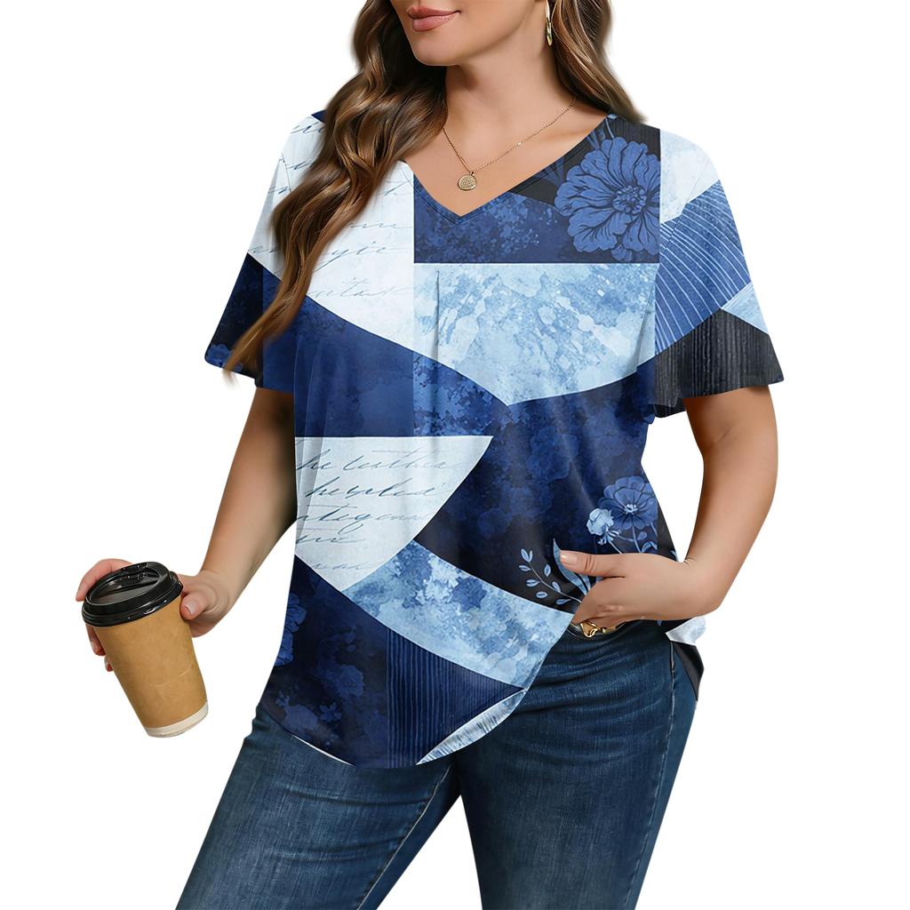 Women's Plus Size Fashionable Casual Loose-Fit Short Sleeve Elegant V Neck Blouse For Work