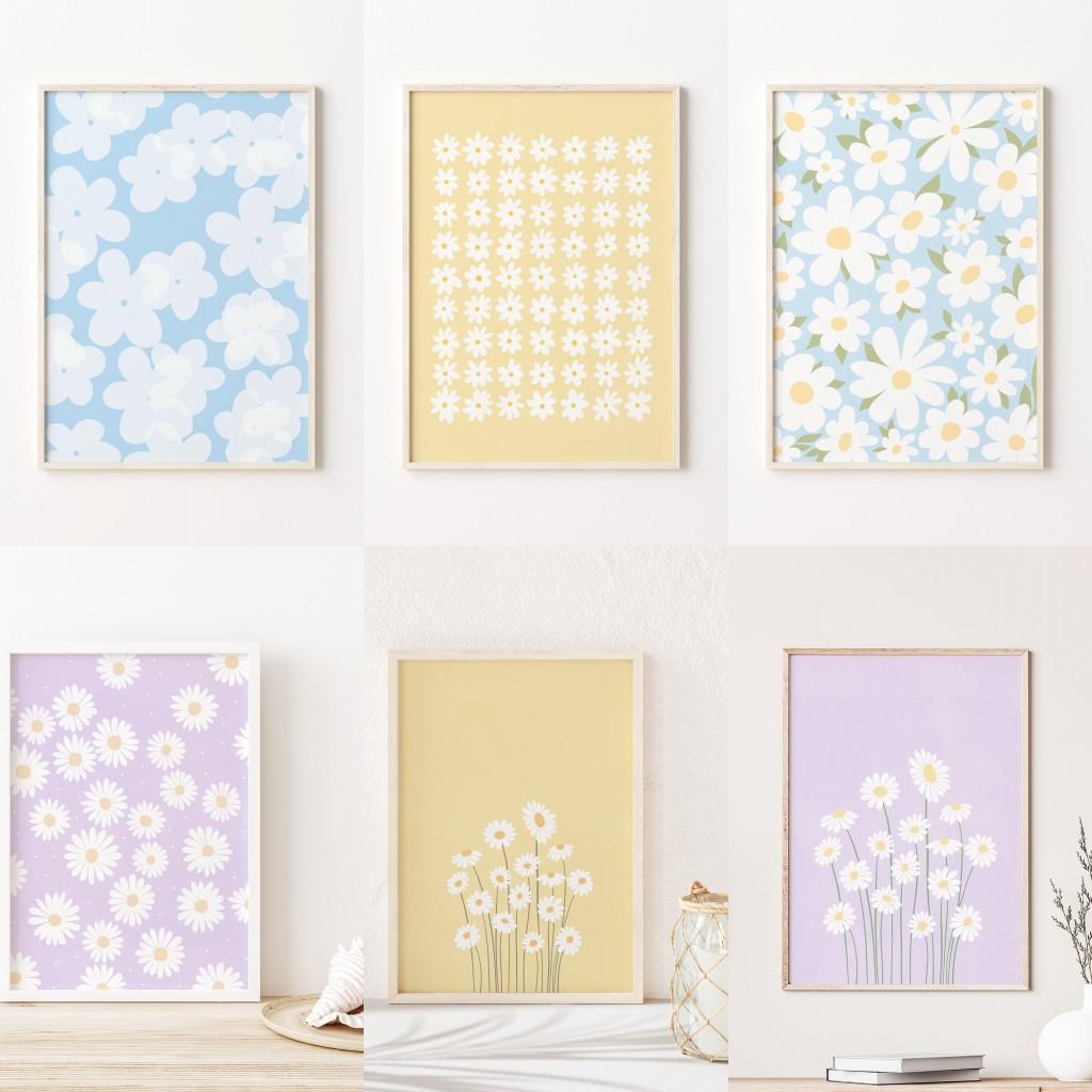Flower Wall Art Canvas Print Natural Pastel Daisies Floral Illustration Poster Botanical Market Living Room Bedroom Decoration