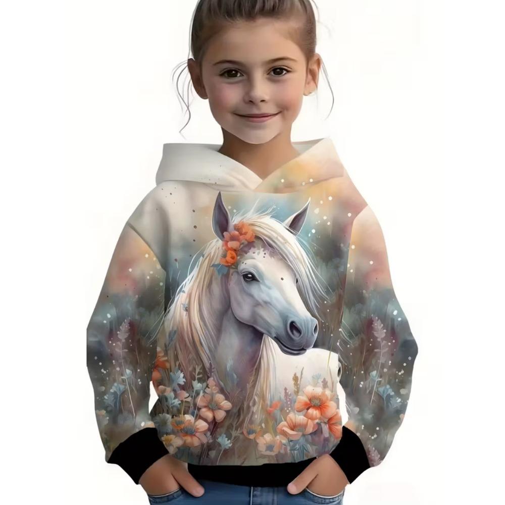 Cool Horse Girl Clothes Animals 3D Print Spring  Autumn Long Sleeve Hoodies Loose Lightweight Sweatshirt Comfortable Children's Clothing