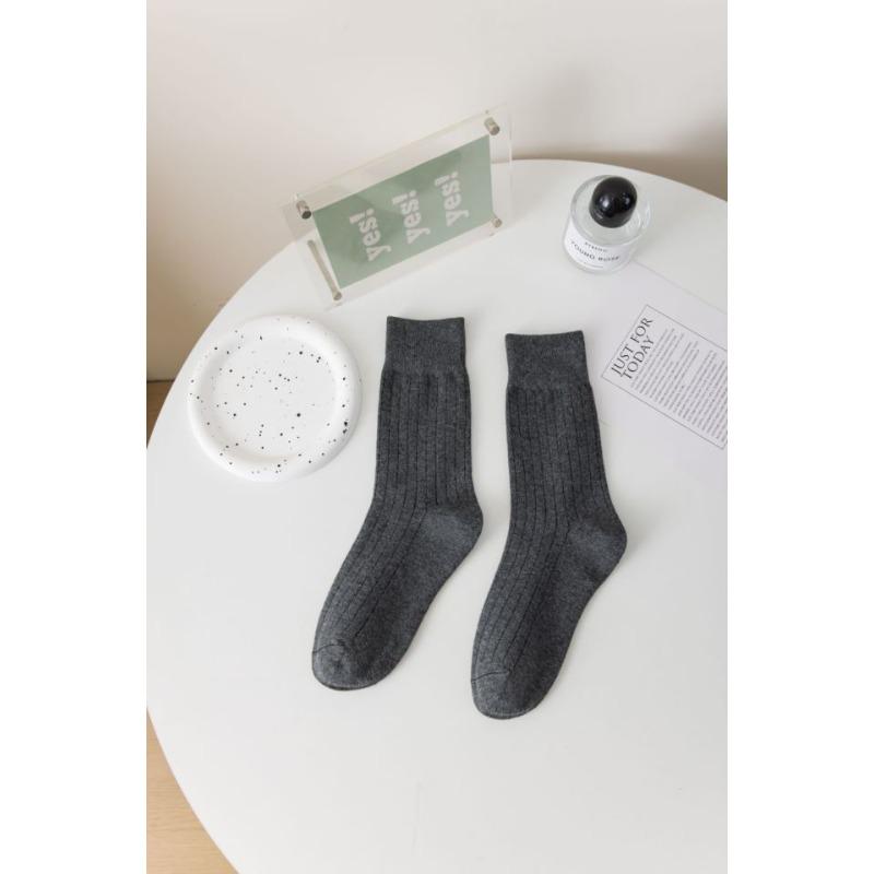 

Весенне-летние простые, полосатые, модные и универсальные однотонные хлопковые носки, вертикальные полоски для стройности, махровые носки до середины икры 1 pair темно-серого