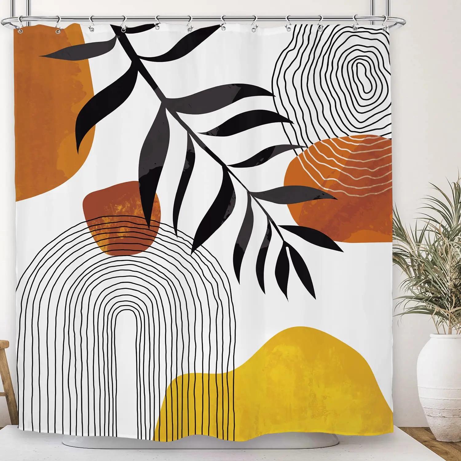 

Abstract Mid Century Boho Brown Shower Curtain Geometric Beige Minimalist Plant Leaves Bathroom Screen Accessories Decoration W60H190(CM)-1 Pcs